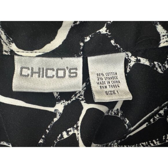 Chico's Size 1 = Medium/8 Black & White Floral Print Full Zip Jacket Top Cotton - Picture 6 of 8